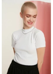  Collection White Fitted High Collar Crop Ribbed Stretchy Knitted Blouse TWOSS21BZ0780