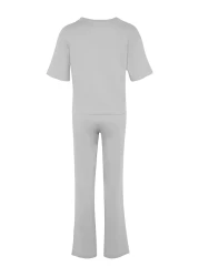  Collection Light Gray Printed T-Shirt and Trousers Knitted Pajamas Set 100% Cotton - Thmss23Pt00134