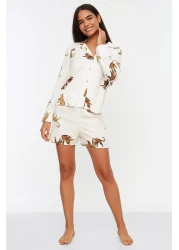 Collection Ecru Tiger Pattern Viscose Shirt-Shorts Woven Pajamas Set THMAW21PT0340